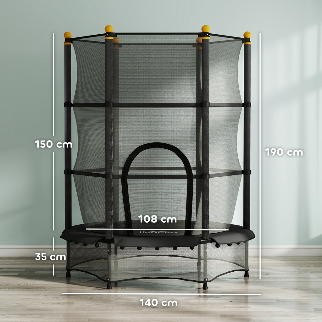 Trampoline Enfant Ø 1,40 × 1,90H m Filet de sécurité Porte zipée Couvre-Ressorts 6 poteaux rembourrés Inclus Noir
