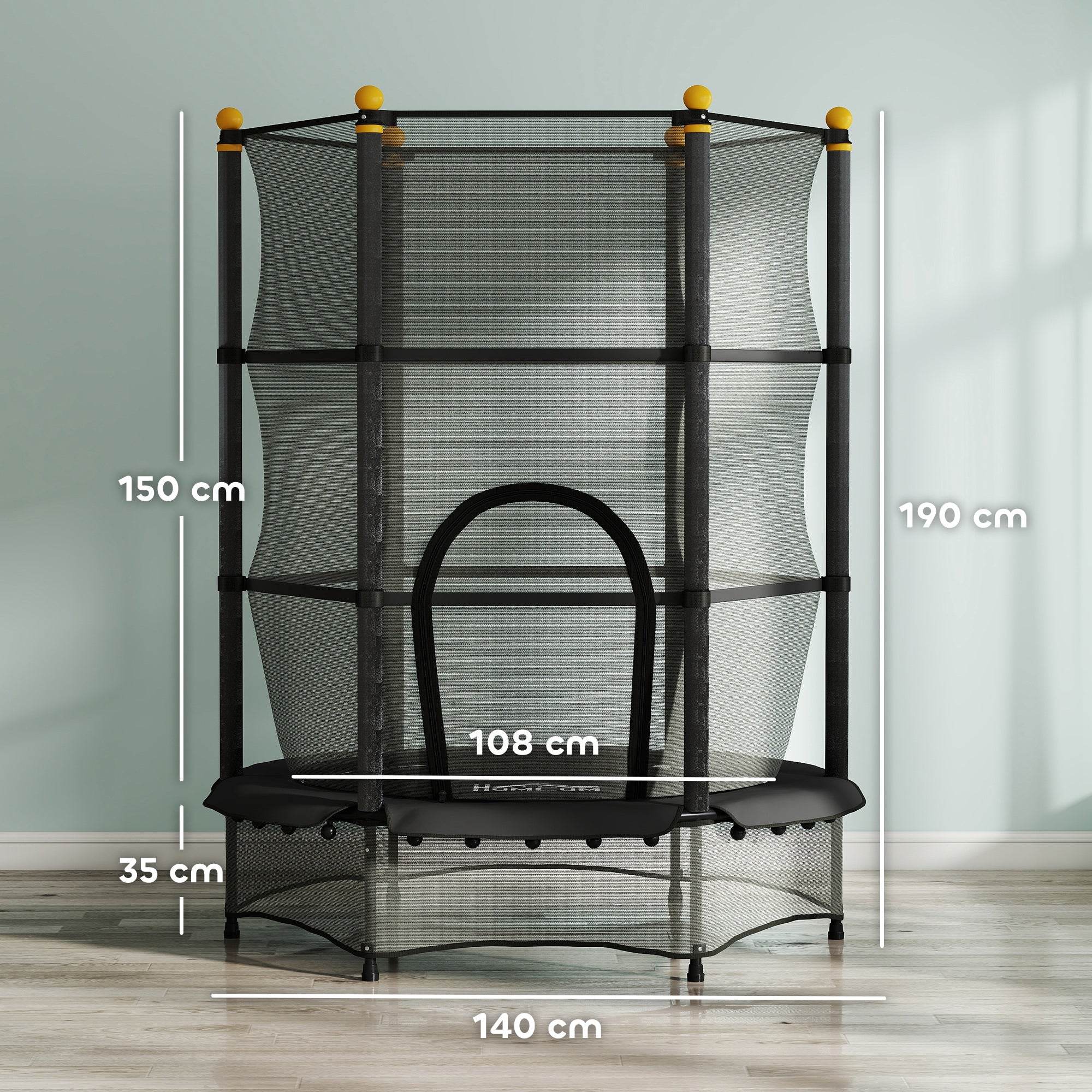 Trampoline Enfant Ø 1,40 × 1,90H m Filet de sécurité Porte zipée Couvre-Ressorts 6 poteaux rembourrés Inclus Noir