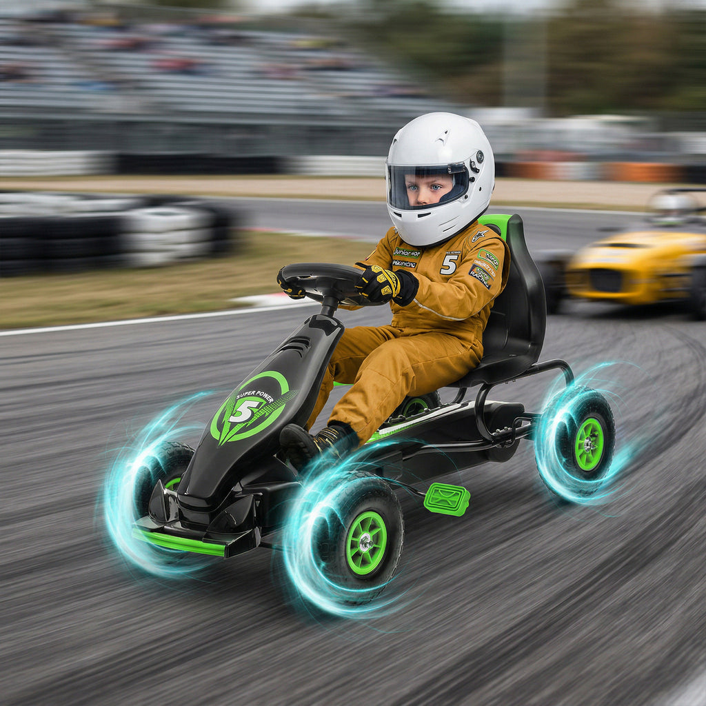 Kart à Pédales Enfant Siège Réglable 3 Positions, Frein à Main, 5-12 Ans - Vert/Noir | Magi Jouets