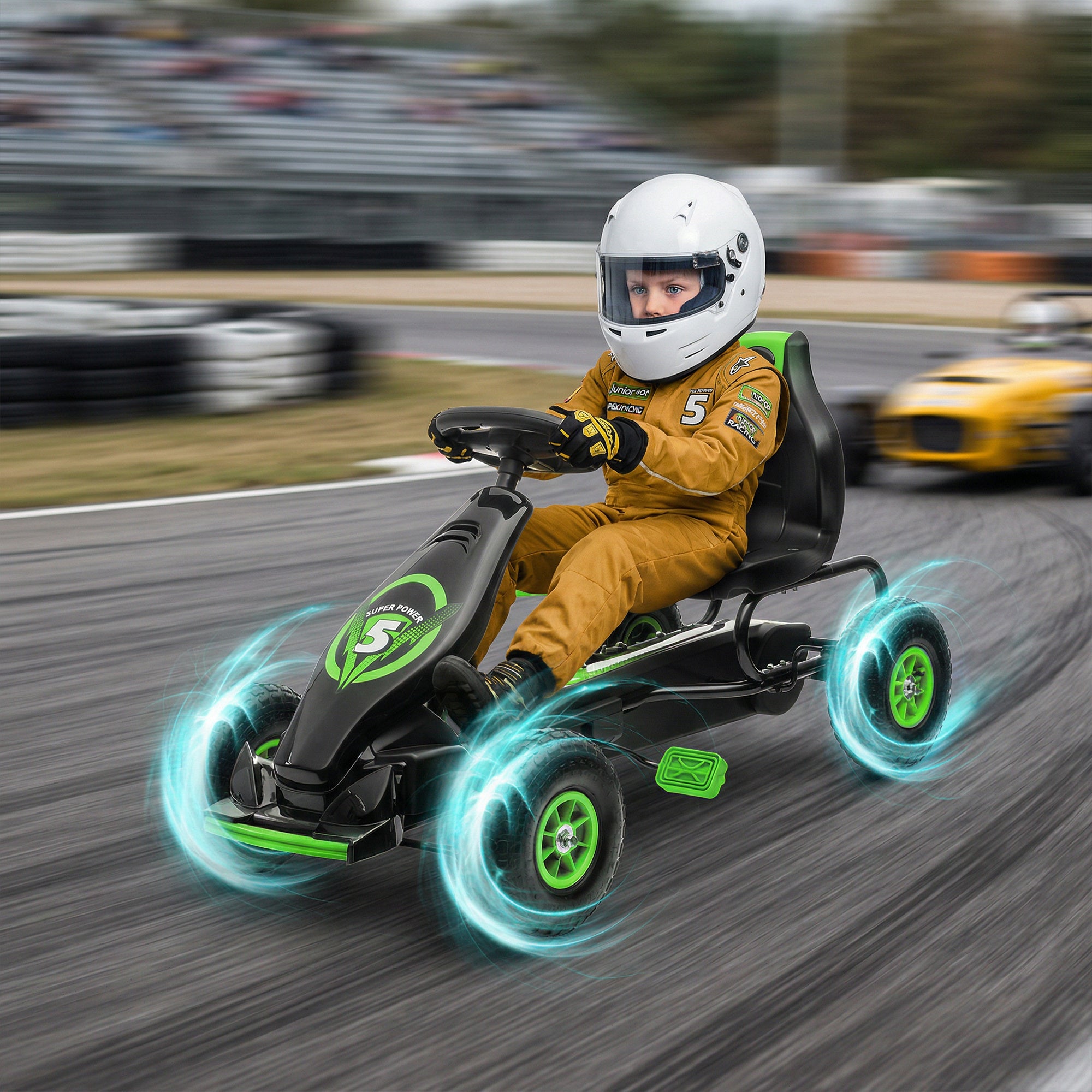 Kart à Pédales Enfant Siège Réglable 3 Positions, Frein à Main, 5-12 Ans - Vert/Noir | Magi Jouets