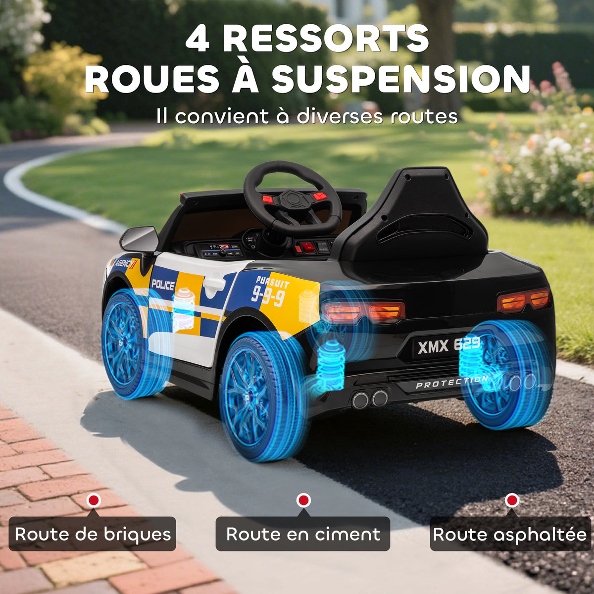 Voiture électrique de police enfant 12V, double moteur, télécommande, USB, MP3, musique & klaxon, multicolore