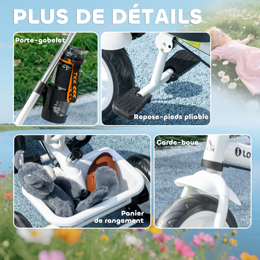 Tricycle Enfant Évolutif Pare-Soleil Pliable avec Canne Amovible et Benne, 105x47x98 cm - Blanc/Noir | Magi Jouets
