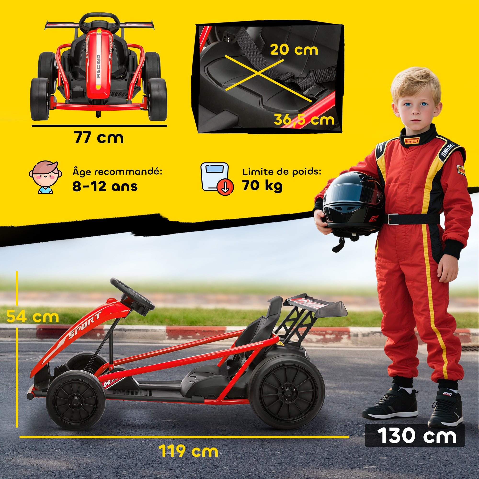 Voiture électrique GoKart kart électrique pour enfants 2 x 24 V moteurs mode dérive à 13 km/h 119 x 77 x 54 cm rouge