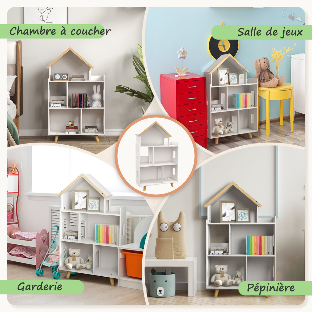 Étagère de Rangement Enfant Forme de Maison, 3 Niveaux, 65x25x108,5 cm - Blanc et Naturel | Magi Jouets