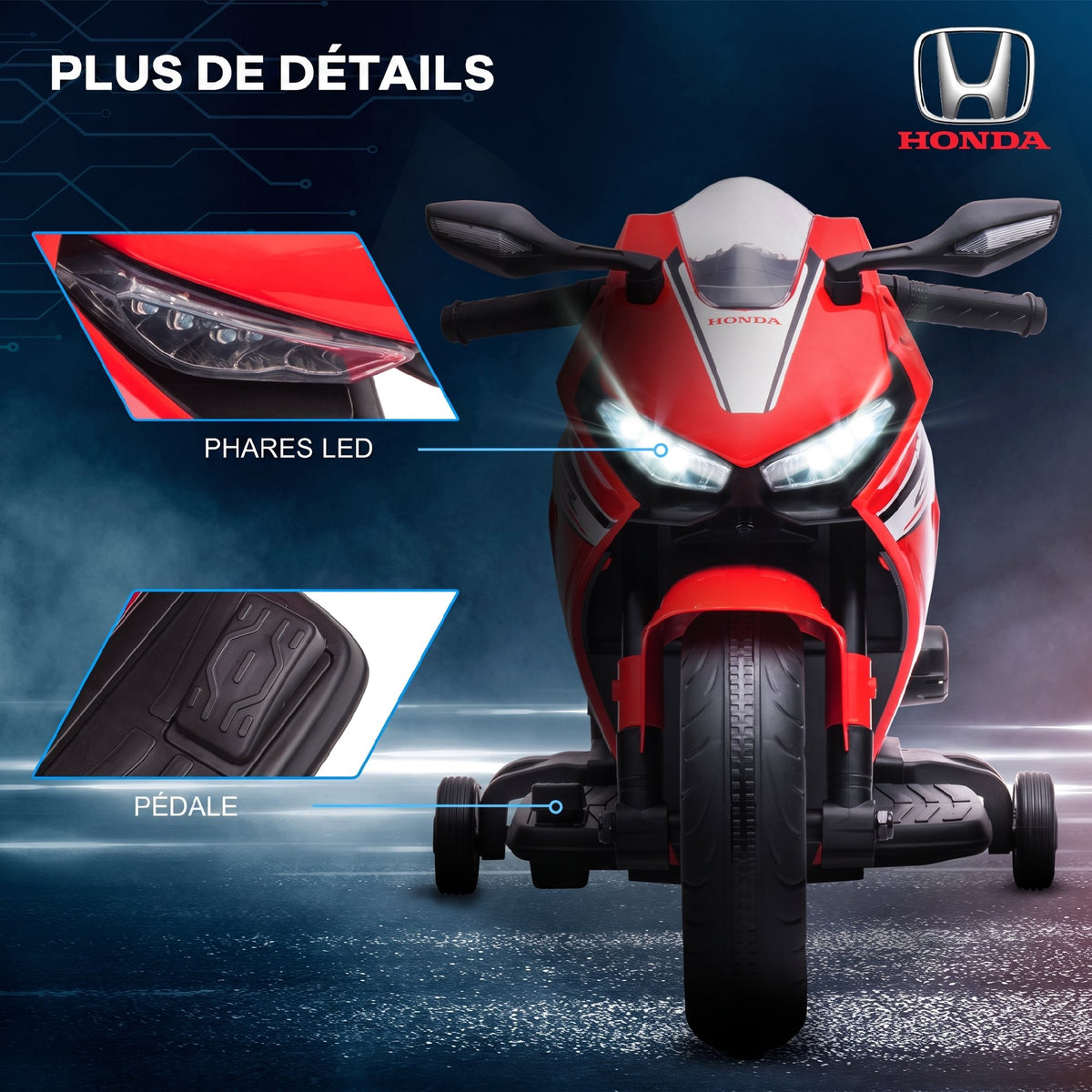 Moto Électrique Enfants sous Licence HONDA 6 V, 3 Km/h, Musique & Lumière, 2 Roues d'Entraînement, Rouge