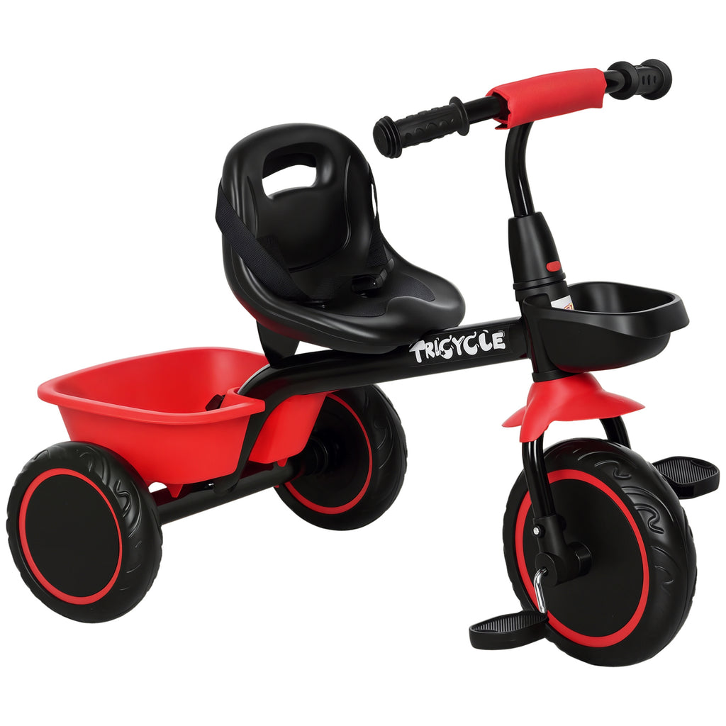 Tricycle Enfant Évolutif avec Siège Réglable, 2 Paniers et Ceinture, 2-5 Ans - Rouge/Noir | Magi Jouets