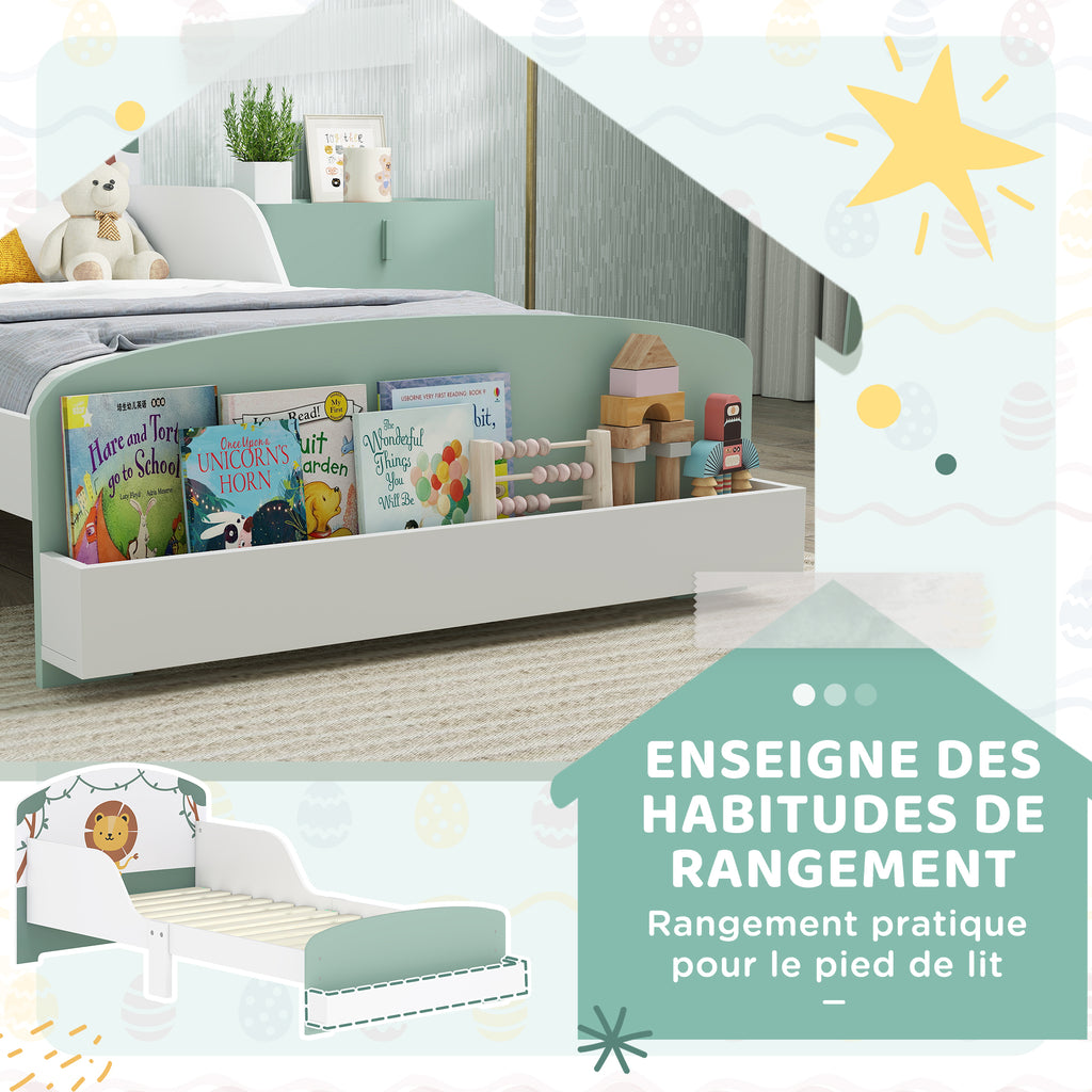 Lit Enfant 70x140 cm avec Barrière de Sécurité, Sommier à Lattes et Rangement - Vert | Magi Jouets