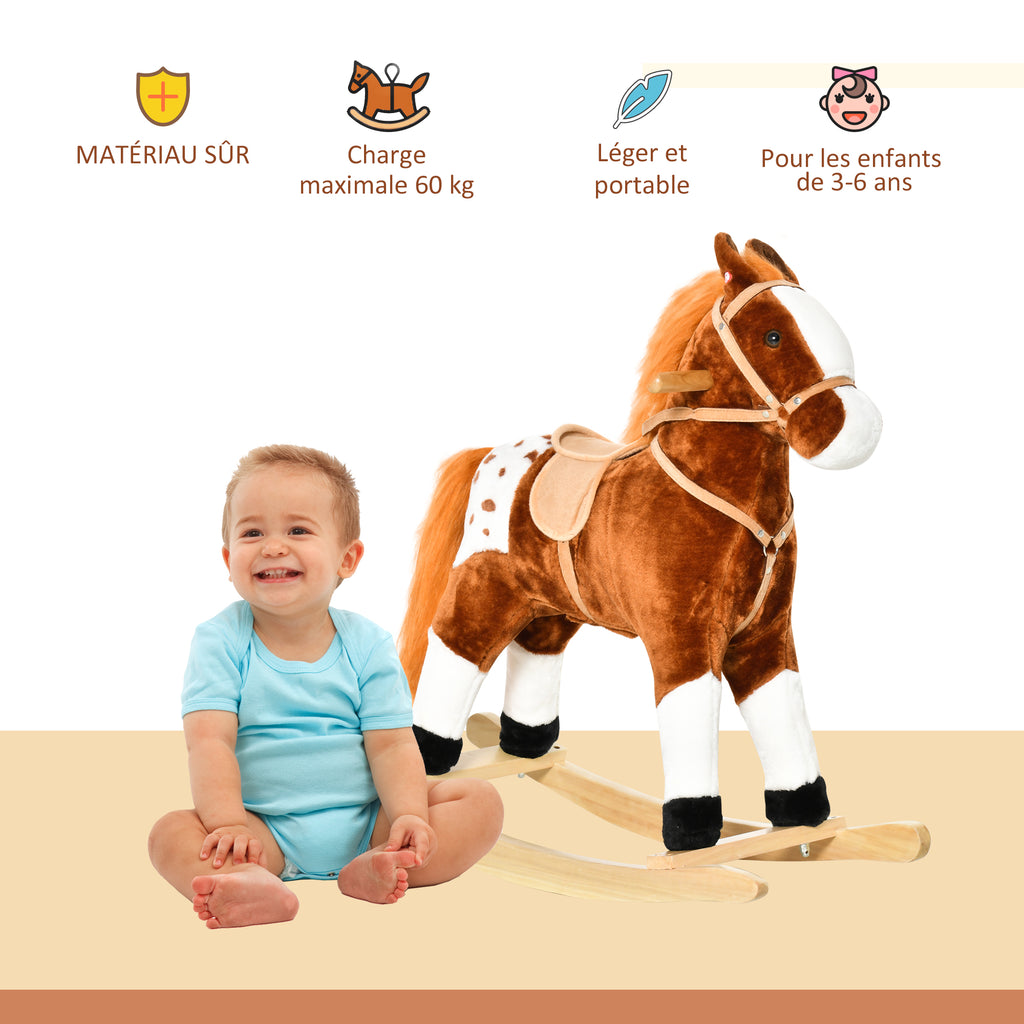 Cheval à Bascule Peluche avec Effets Sonores, Selle et Rênes, 3-6 Ans - Marron/Blanc | Magi Jouets