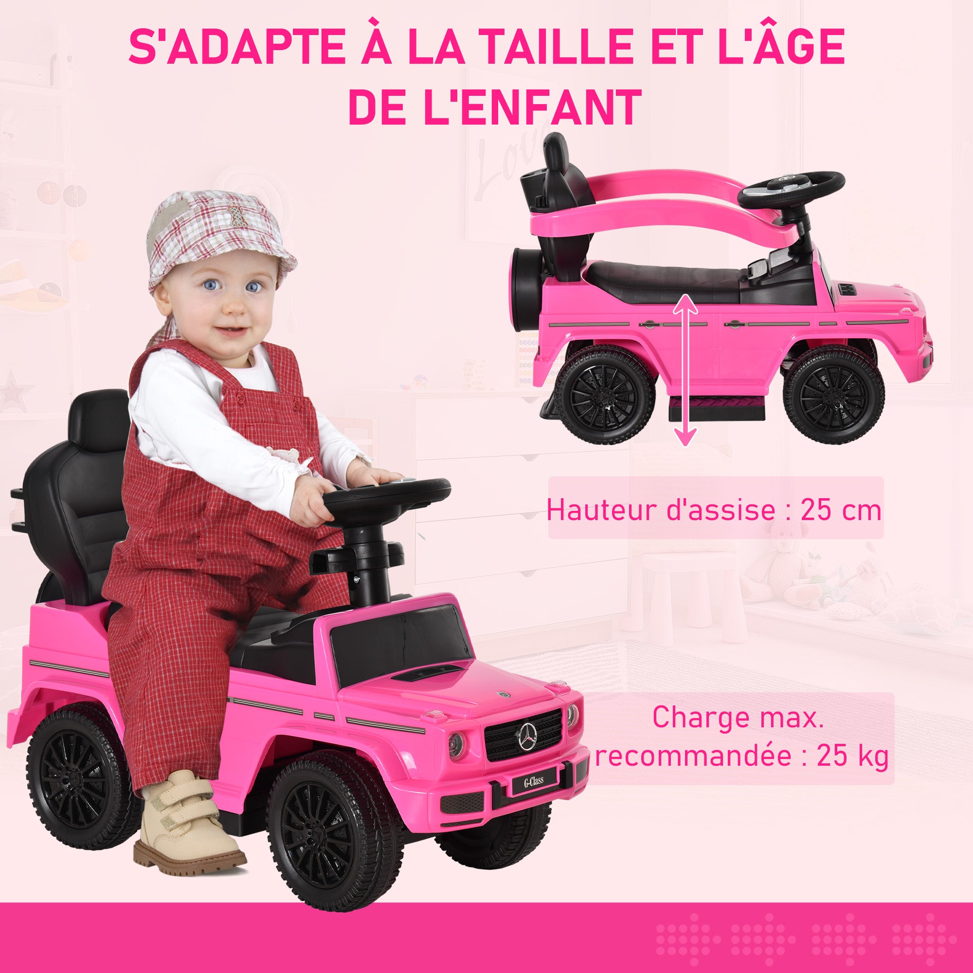 Porteur Enfants Voiture Enfant Multi-équipée 12-36 Mois klaxon Marche-Pieds, Garde-Corps et ombrelle Rose