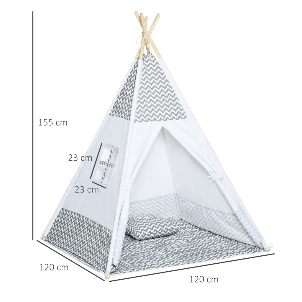Tente Tipi Indien pour Enfant avec Tapis, Coussin et Sac de Transport, 1,2x1,2x1,55 m - Gris/Blanc | Magi Jouets
