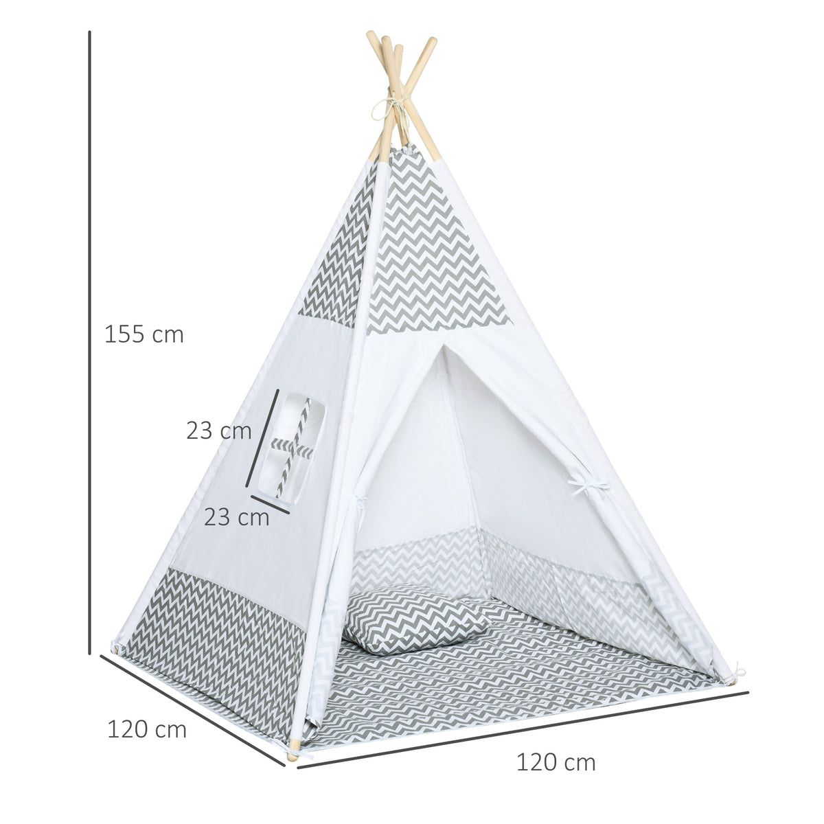 Tente Tipi Indien pour Enfant avec Tapis, Coussin et Sac de Transport, 1,2x1,2x1,55 m - Gris/Blanc | Magi Jouets