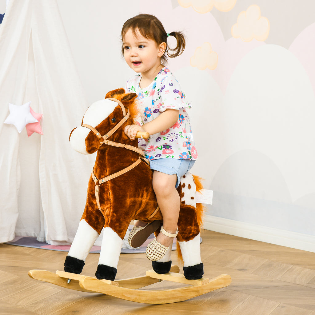 Cheval à Bascule Peluche avec Effets Sonores, Selle et Rênes, 3-6 Ans - Marron/Blanc | Magi Jouets