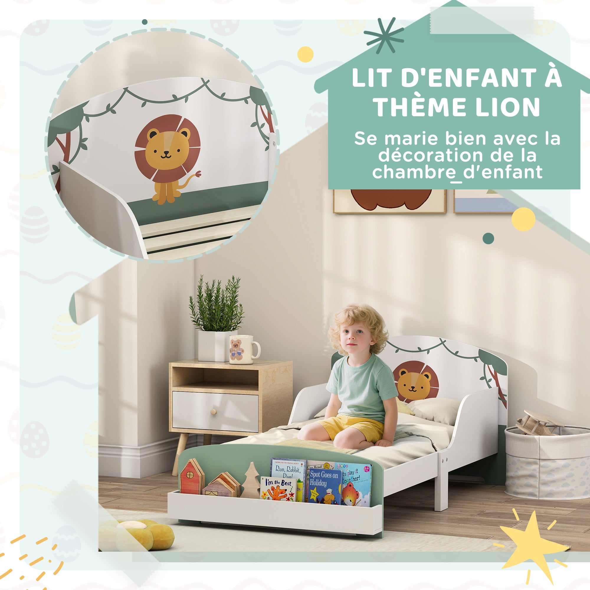 Lit Enfant 70x140 cm avec Barrière de Sécurité, Sommier à Lattes et Rangement - Vert | Magi Jouets