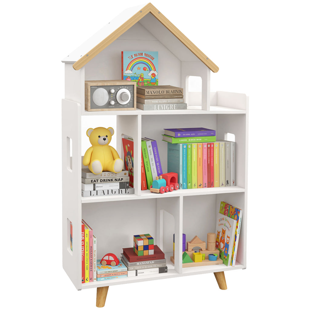 Étagère de Rangement Enfant Forme de Maison, 3 Niveaux, 65x25x108,5 cm - Blanc et Naturel | Magi Jouets