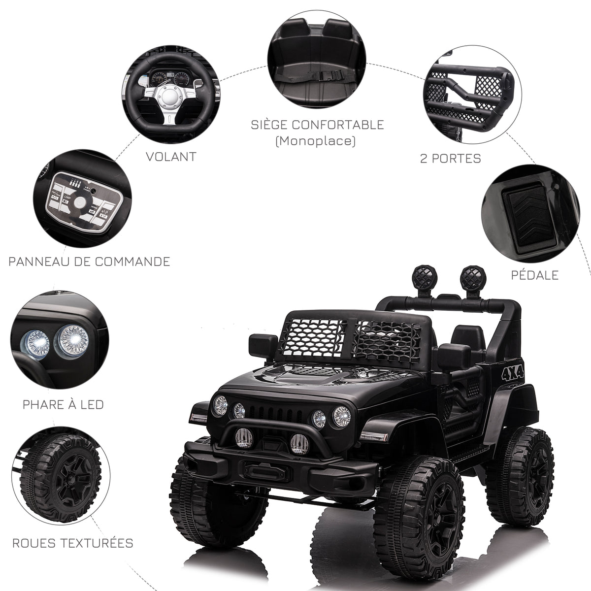Voiture électrique pour enfants 12V avec télécommande, suspension à 4 roues, phares et klaxon, MP3, vitesse 3-5 km/h, pour 3-6 ans - noir