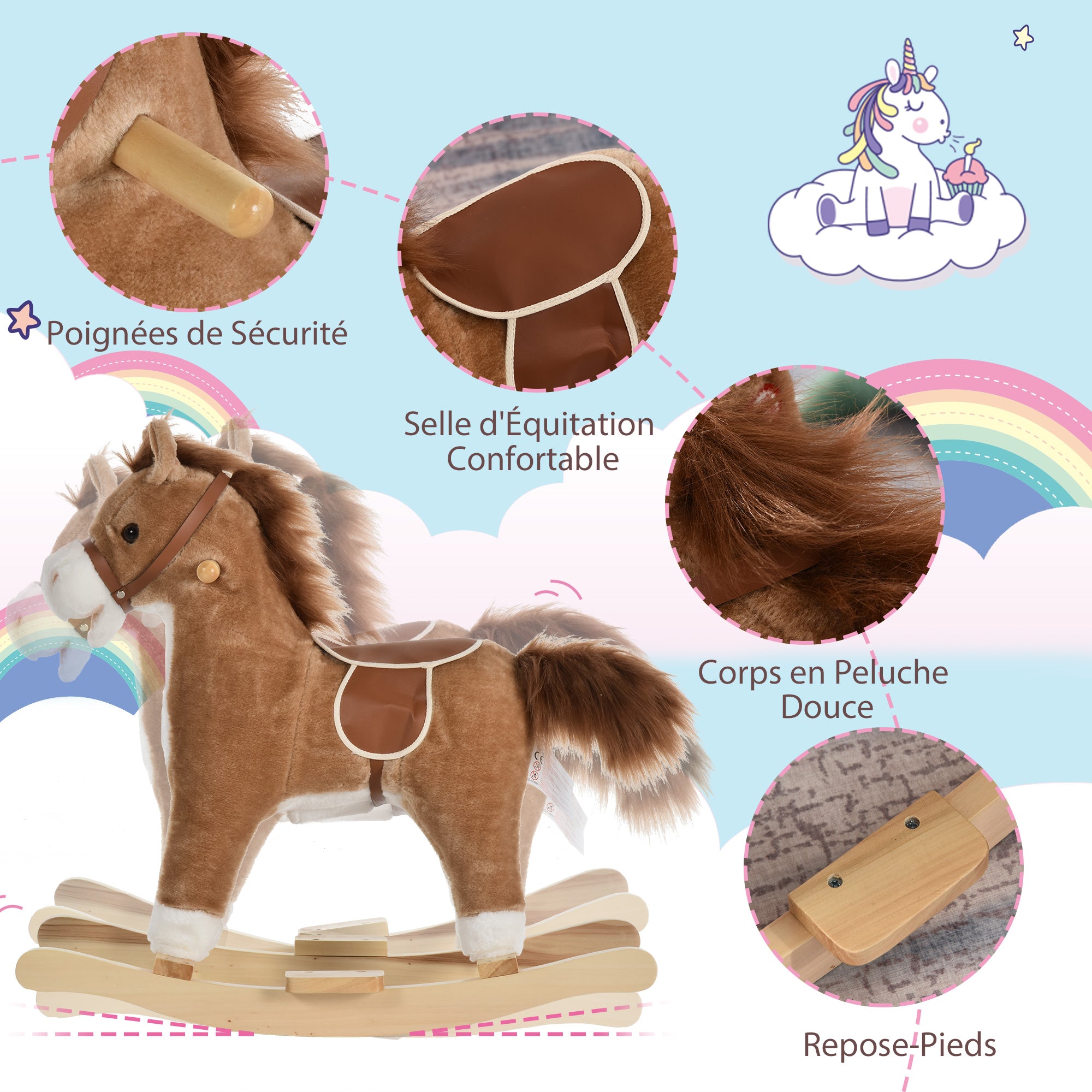 Cheval à Bascule Selle Confort en Bois de Peuplier, 65x32,5x61 cm - Marron | Magi Jouets