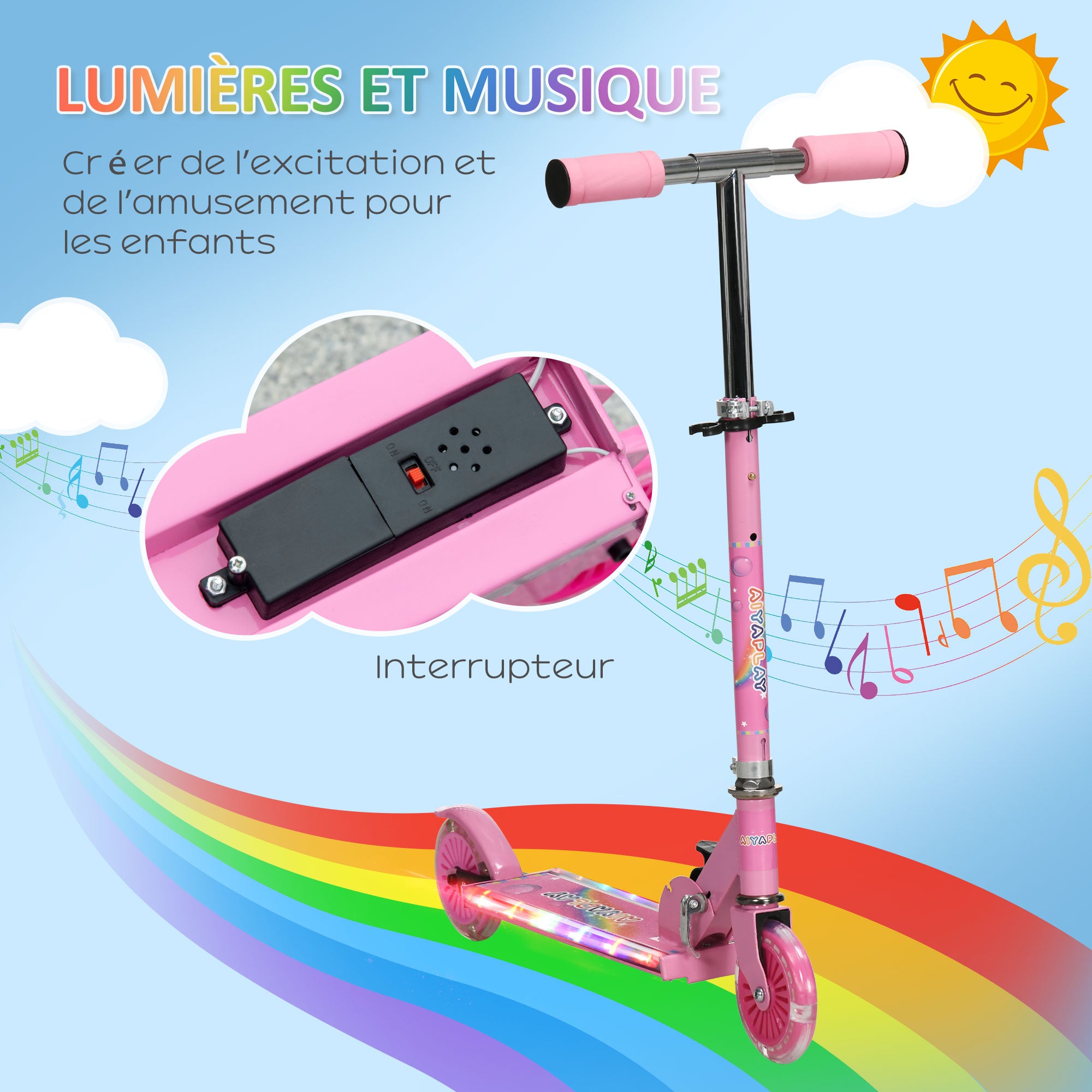 Trottinette pour enfants de 3 à 7 ans pliable roues lumineuses en PU musique 67 x 32 x 78 cm rose