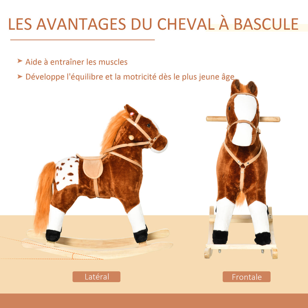 Cheval à Bascule Peluche avec Effets Sonores, Selle et Rênes, 3-6 Ans - Marron/Blanc | Magi Jouets