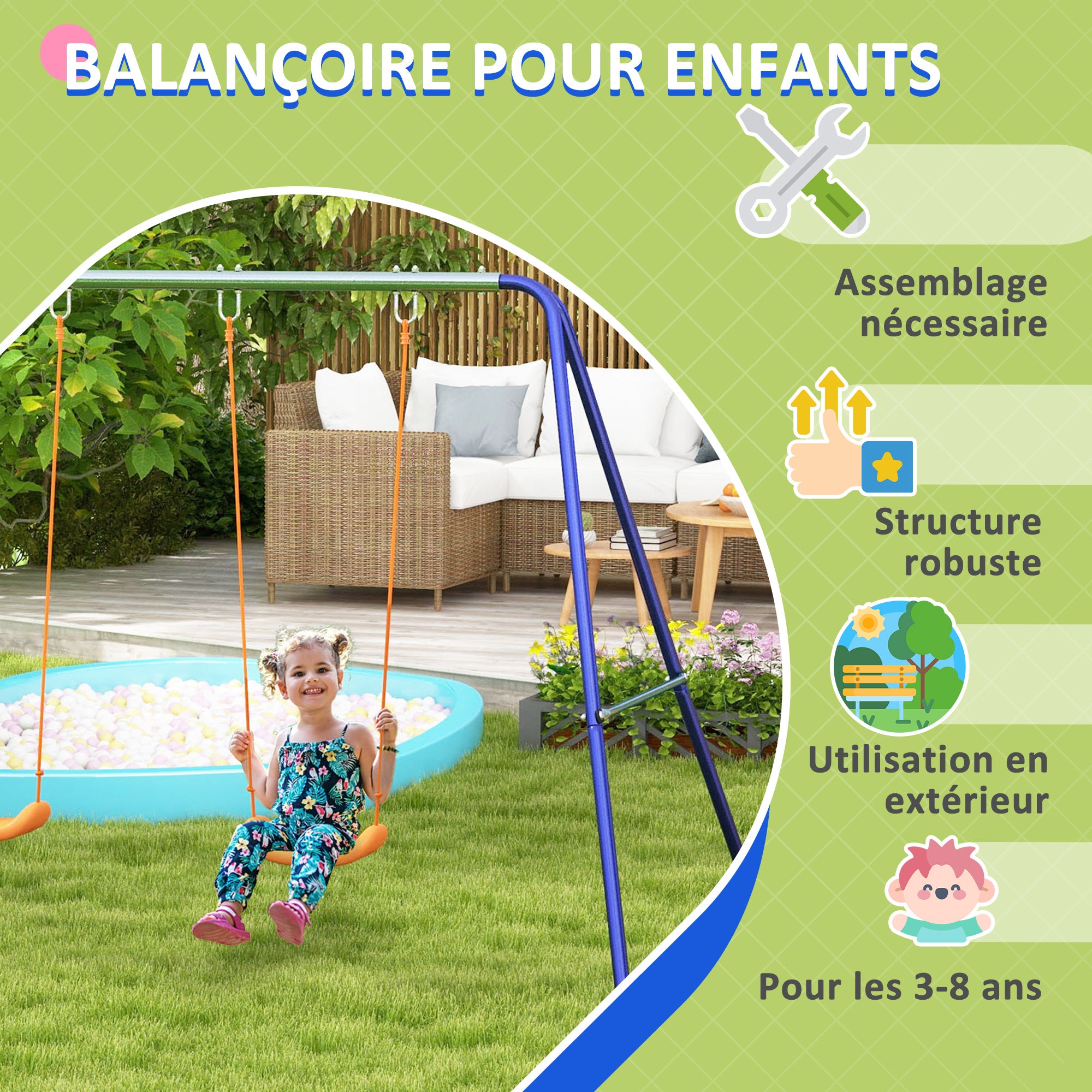Portique Balançoire Enfant 2 Sièges, Structure Métal Charge Max 90 kg - Multicolore | Magi Jouets