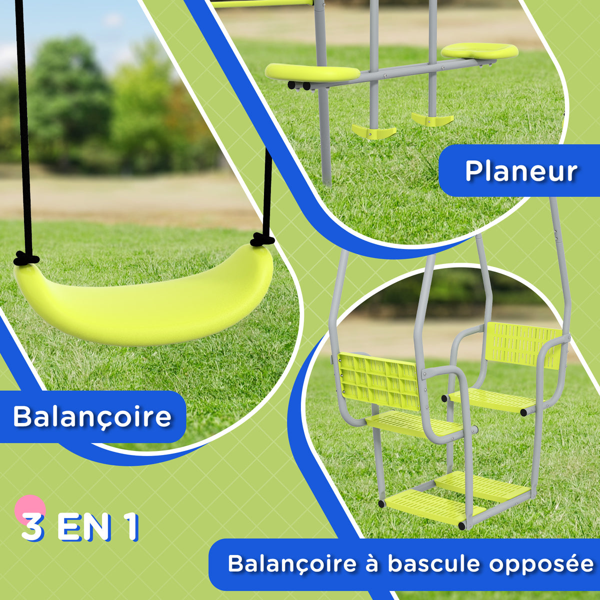 Portique Balançoire Enfant 3 en 1 avec Vis-à-Vis et Siège, Charge Max 225 kg - Vert | Magi Jouets