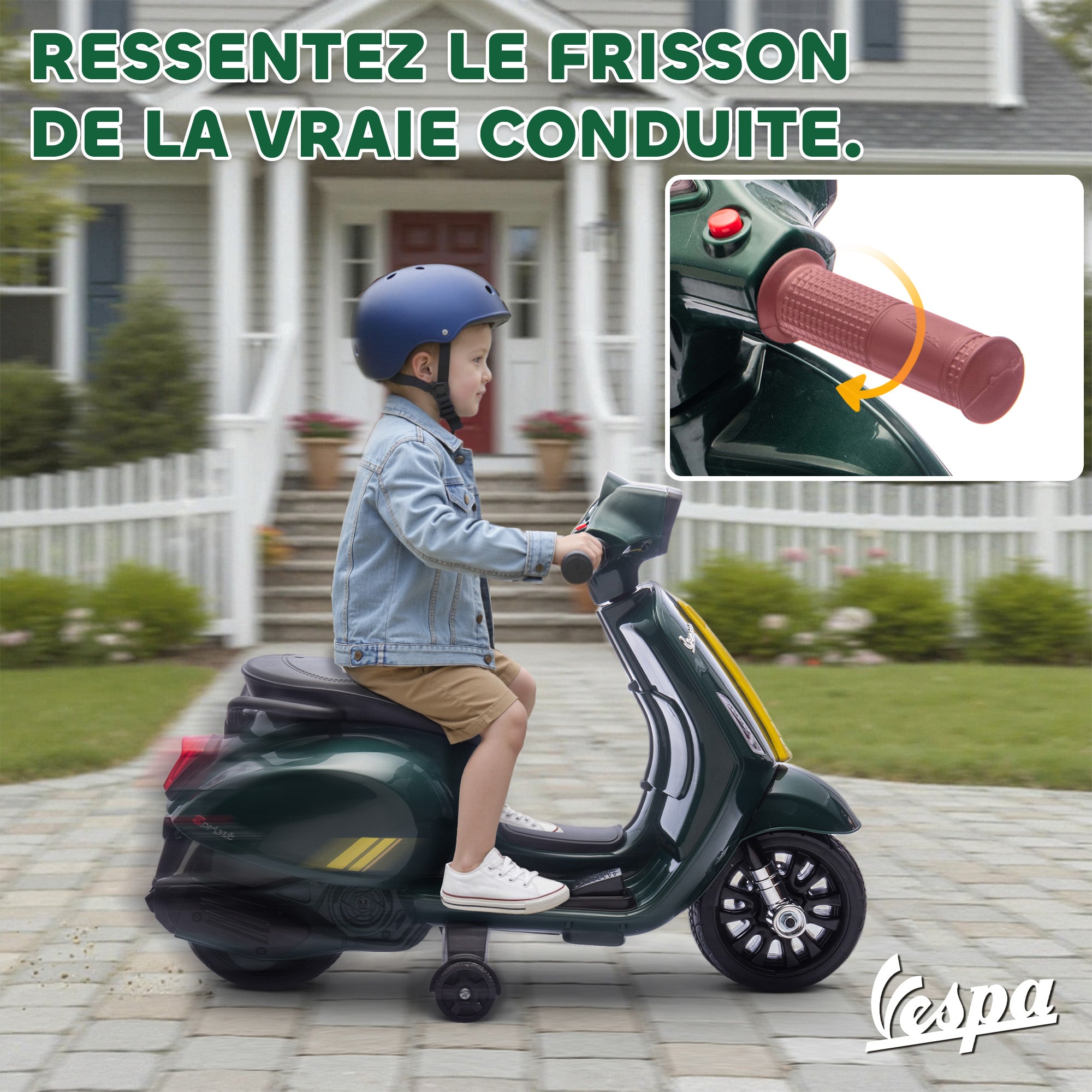 Moto Électrique Enfant 6V avec Roues d'Apprentissage, 2-4 Ans, 71x37x52 cm - Vert Foncé | Magi Jouets