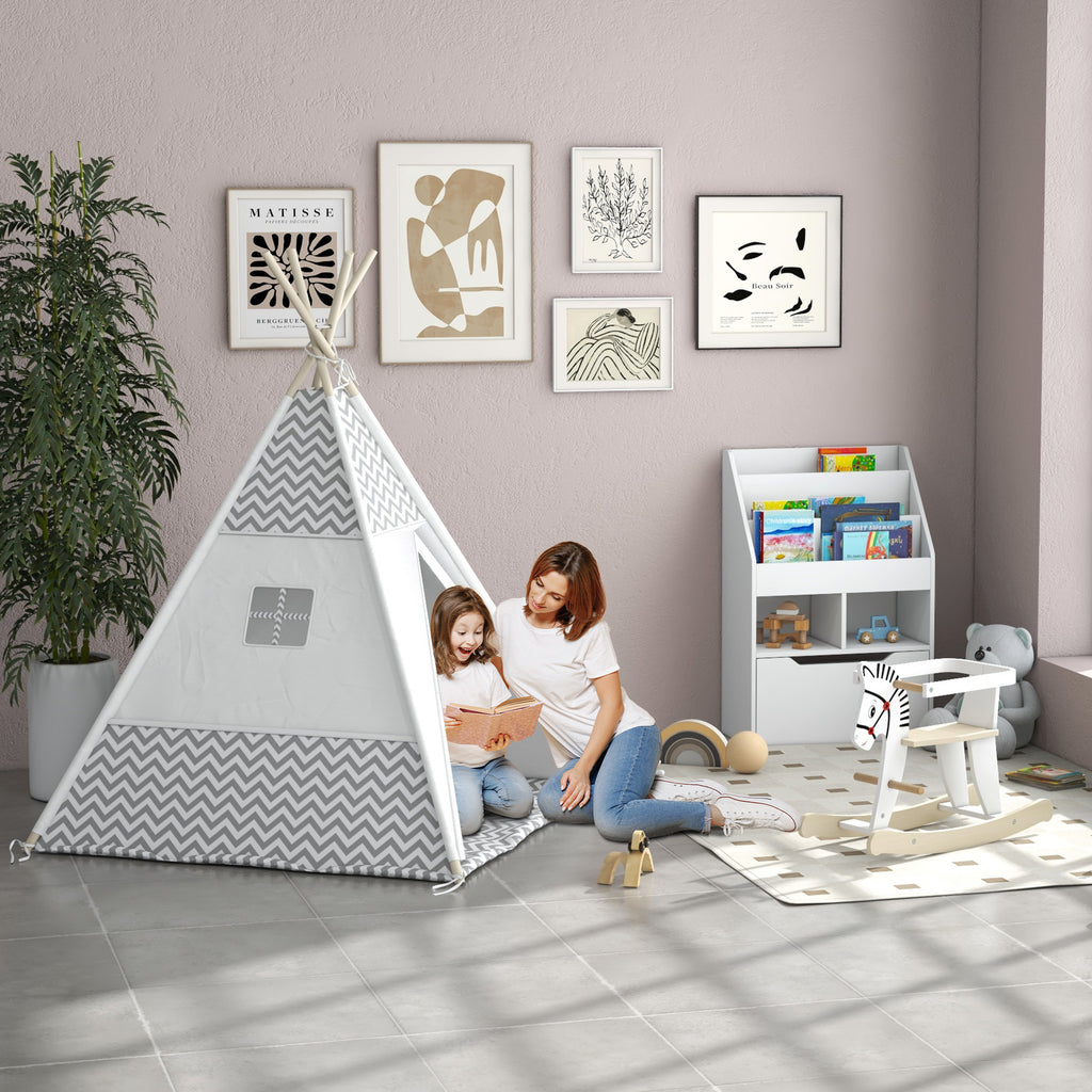 Tente Tipi Indien pour Enfant avec Tapis, Coussin et Sac de Transport, 1,2x1,2x1,55 m - Gris/Blanc | Magi Jouets