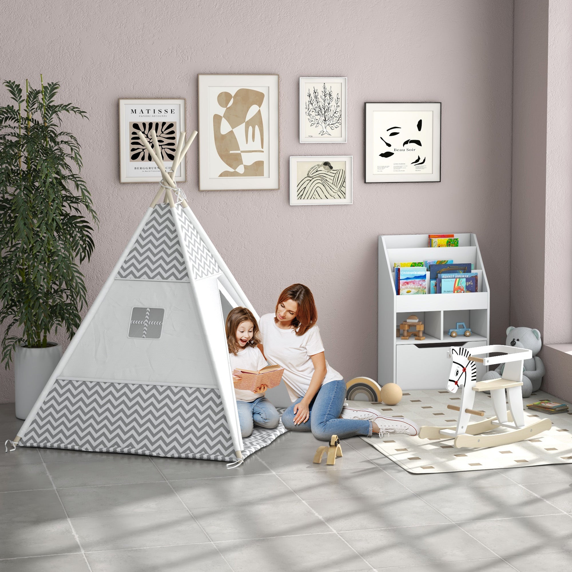 Tente Tipi Indien pour Enfant avec Tapis, Coussin et Sac de Transport, 1,2x1,2x1,55 m - Gris/Blanc | Magi Jouets