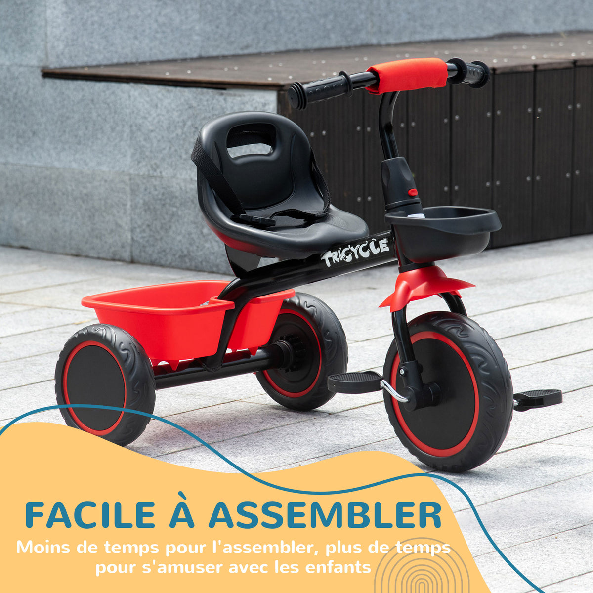 Tricycle Enfant Évolutif avec Siège Réglable, 2 Paniers et Ceinture, 2-5 Ans - Rouge/Noir | Magi Jouets