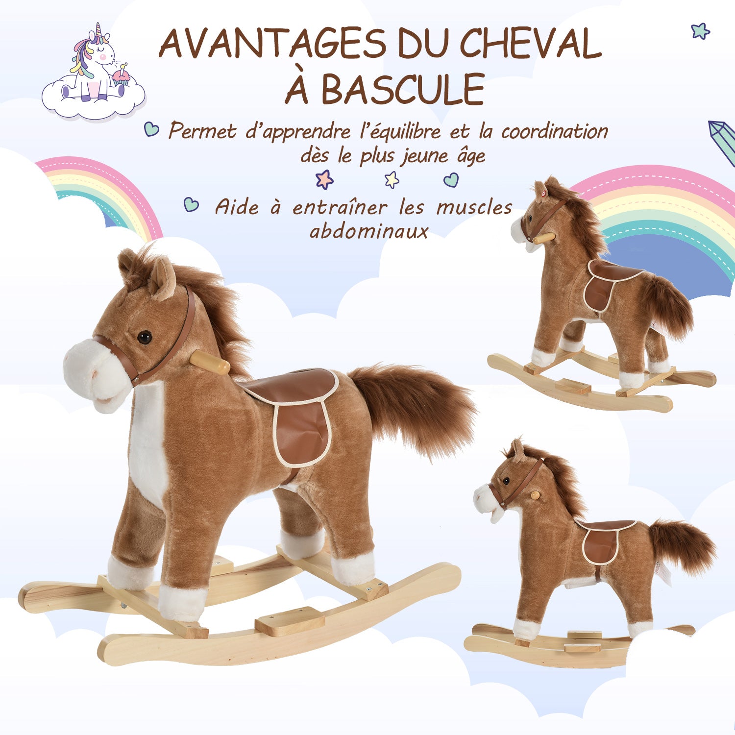 Cheval à Bascule Selle Confort en Bois de Peuplier, 65x32,5x61 cm - Marron | Magi Jouets
