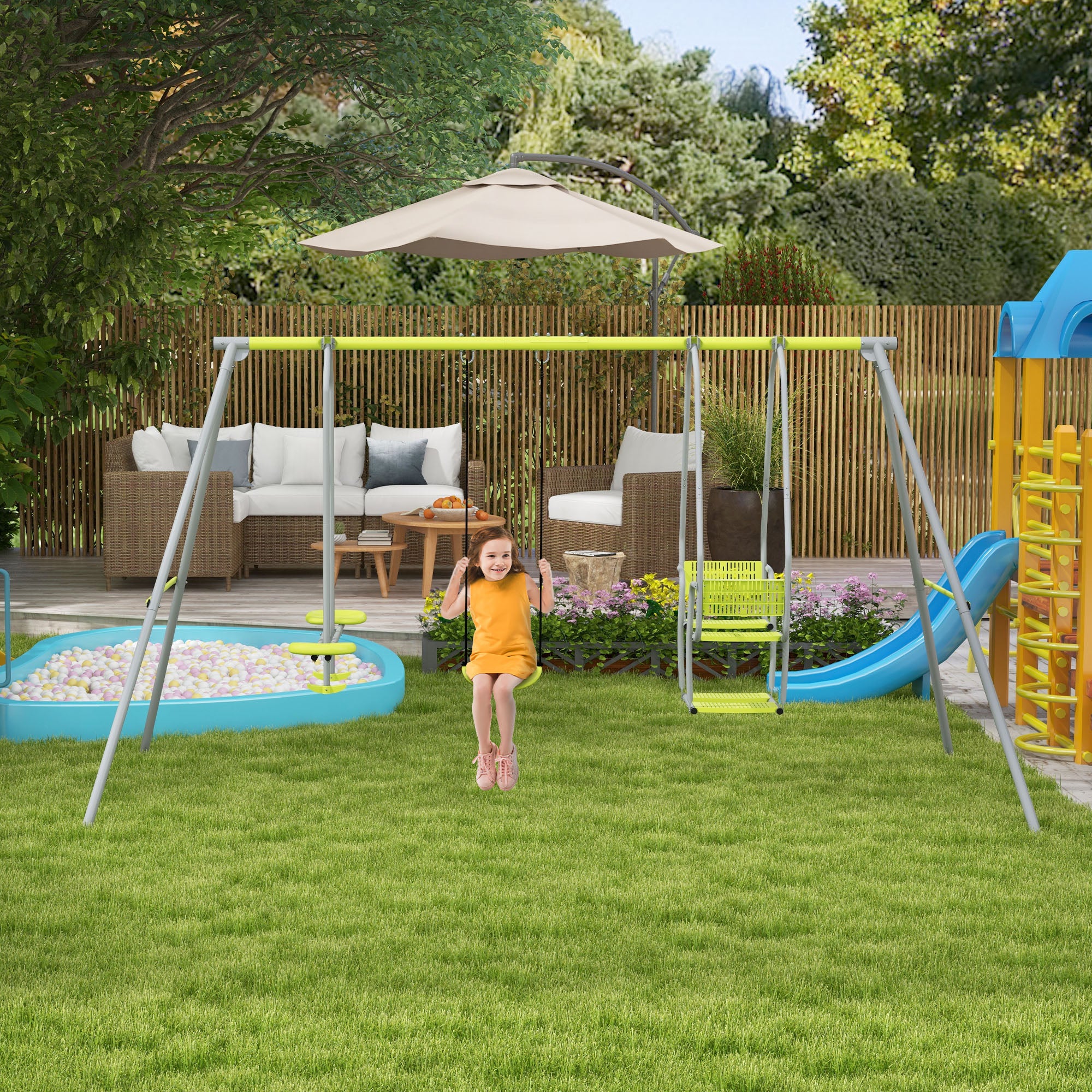 Portique Balançoire Enfant 3 en 1 avec Vis-à-Vis et Siège, Charge Max 225 kg - Vert | Magi Jouets