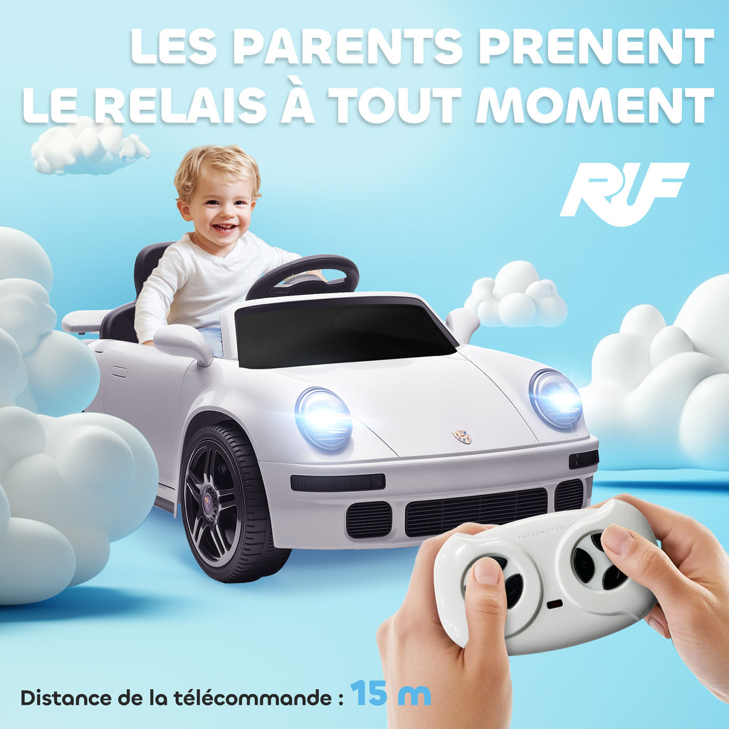 Voiture électrique enfants, véhicule électrique 12V, télécommande 2,4G, phares, musique, klaxon, 103 x 55 x 44 cm, blanc
