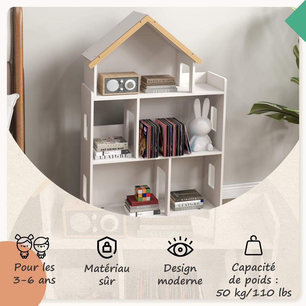 Étagère de Rangement Enfant Forme de Maison, 3 Niveaux, 65x25x108,5 cm - Blanc et Naturel | Magi Jouets
