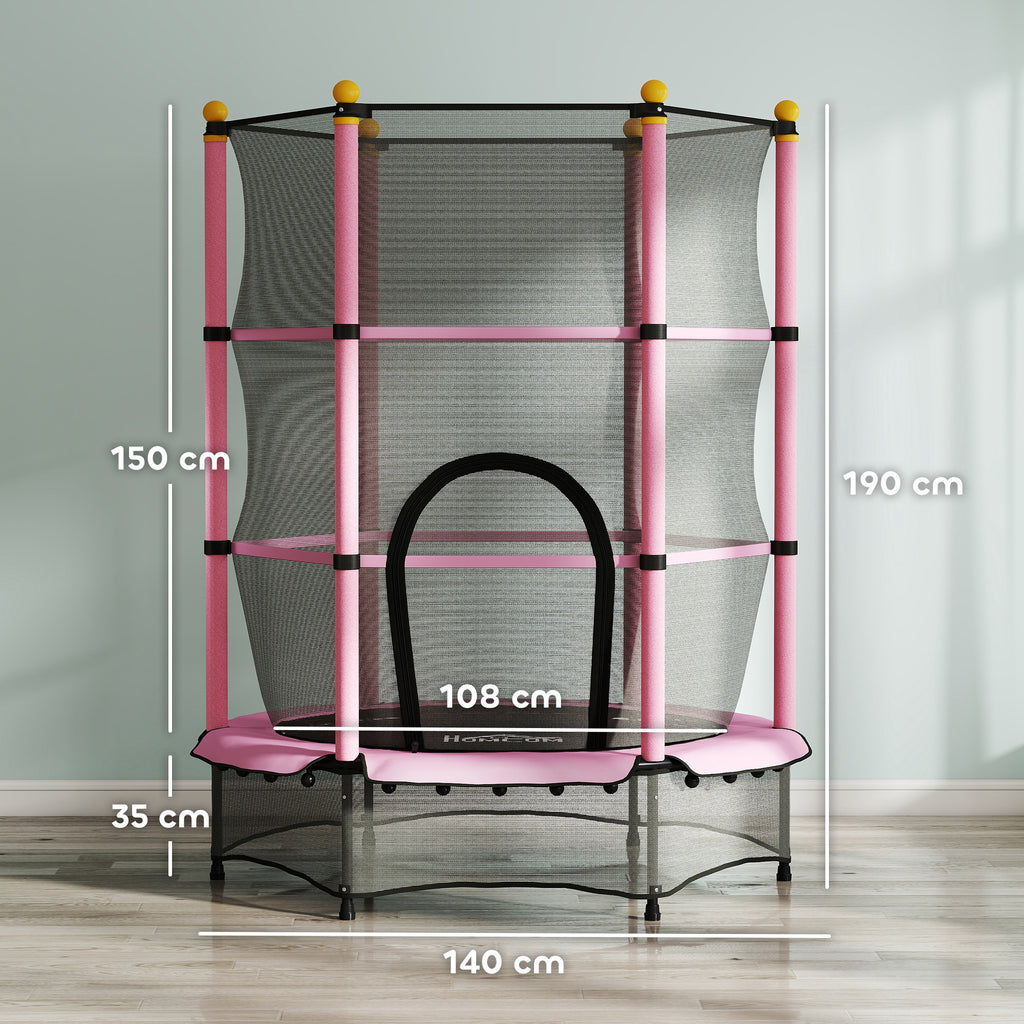 Trampoline Enfant Ø 1,40 × 1,90H m Filet de sécurité Porte zipée Couvre-Ressorts 6 poteaux rembourrés Inclus Rose