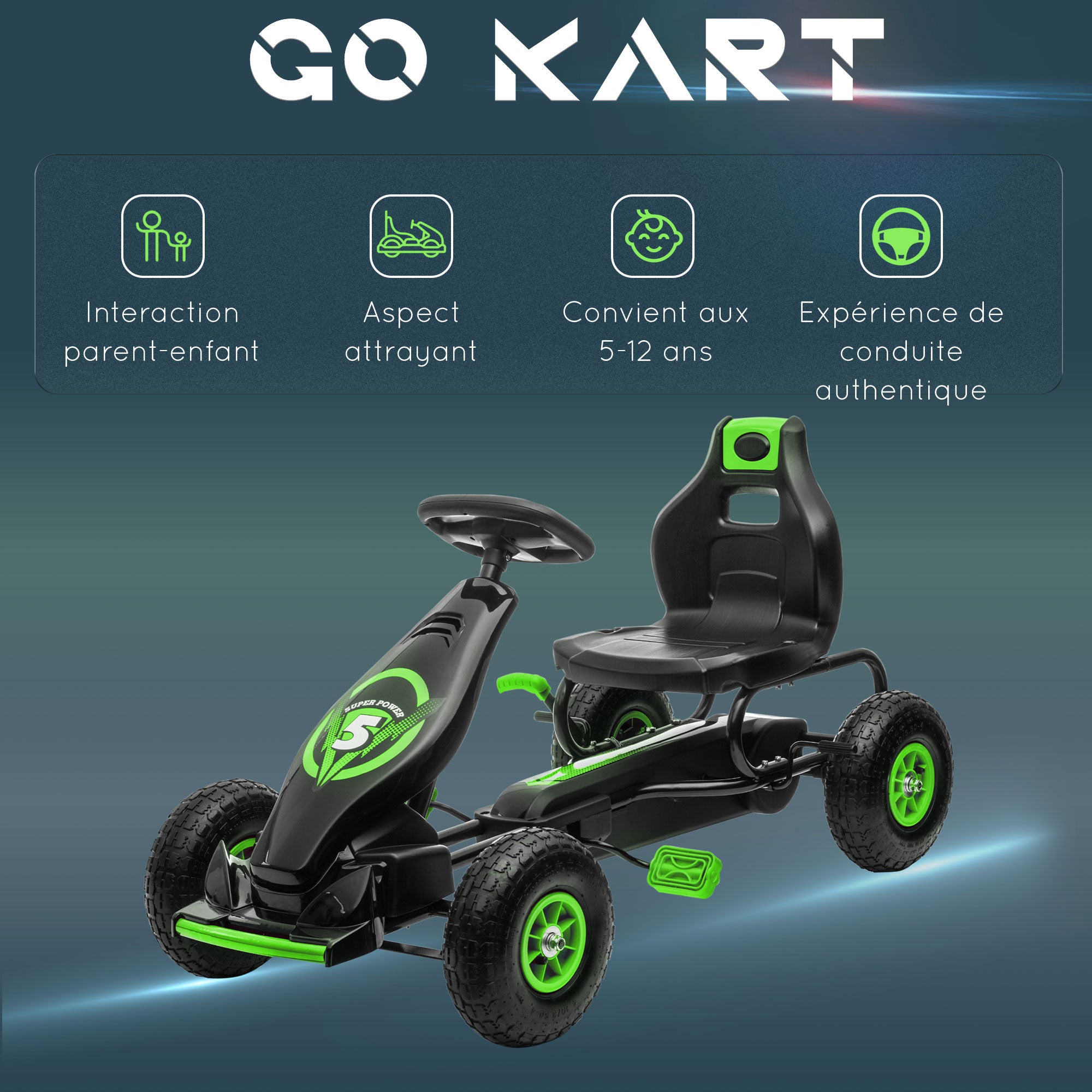 Kart à Pédales Enfant Siège Réglable 3 Positions, Frein à Main, 5-12 Ans - Vert/Noir | Magi Jouets