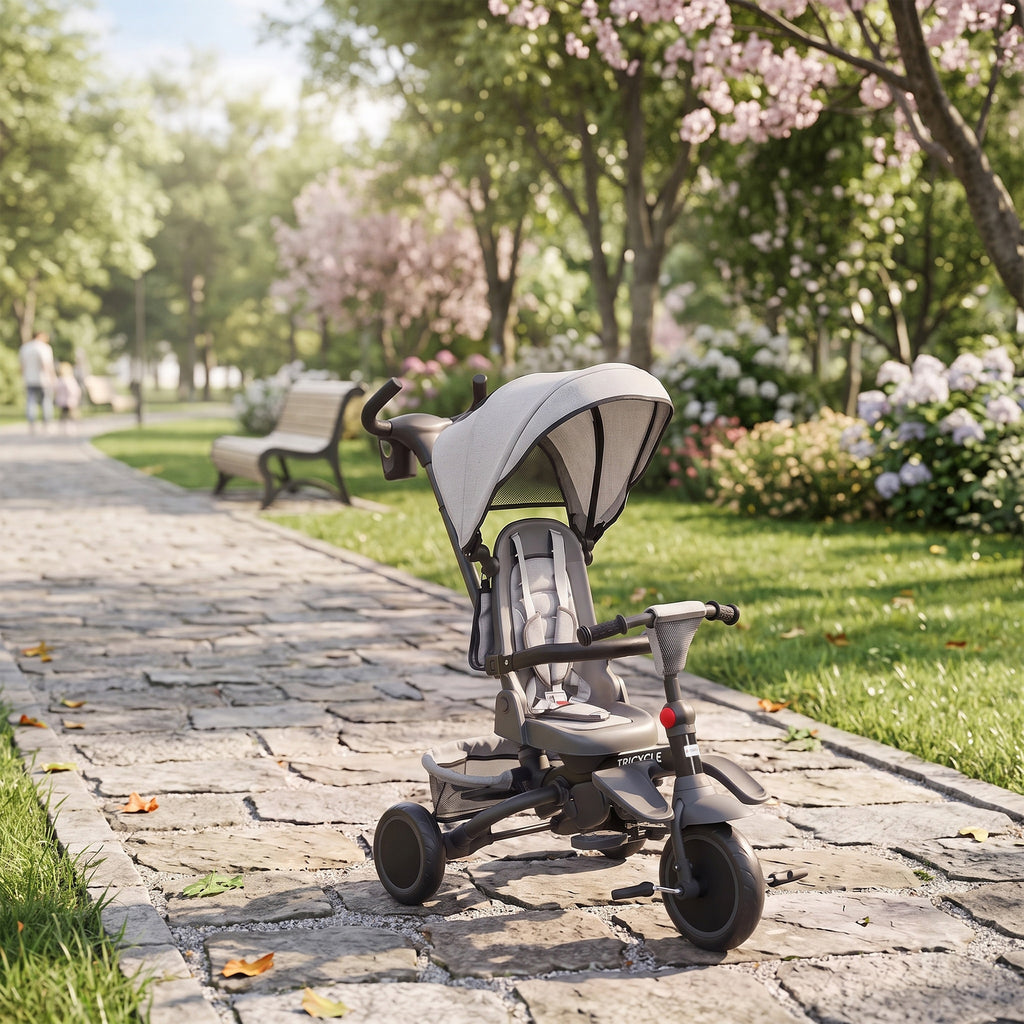 Tricycle Bébé Évolutif 6 en 1 Pliable avec Poignée Parentale et Siège Pivotant 360° - Gris | Magi Jouets