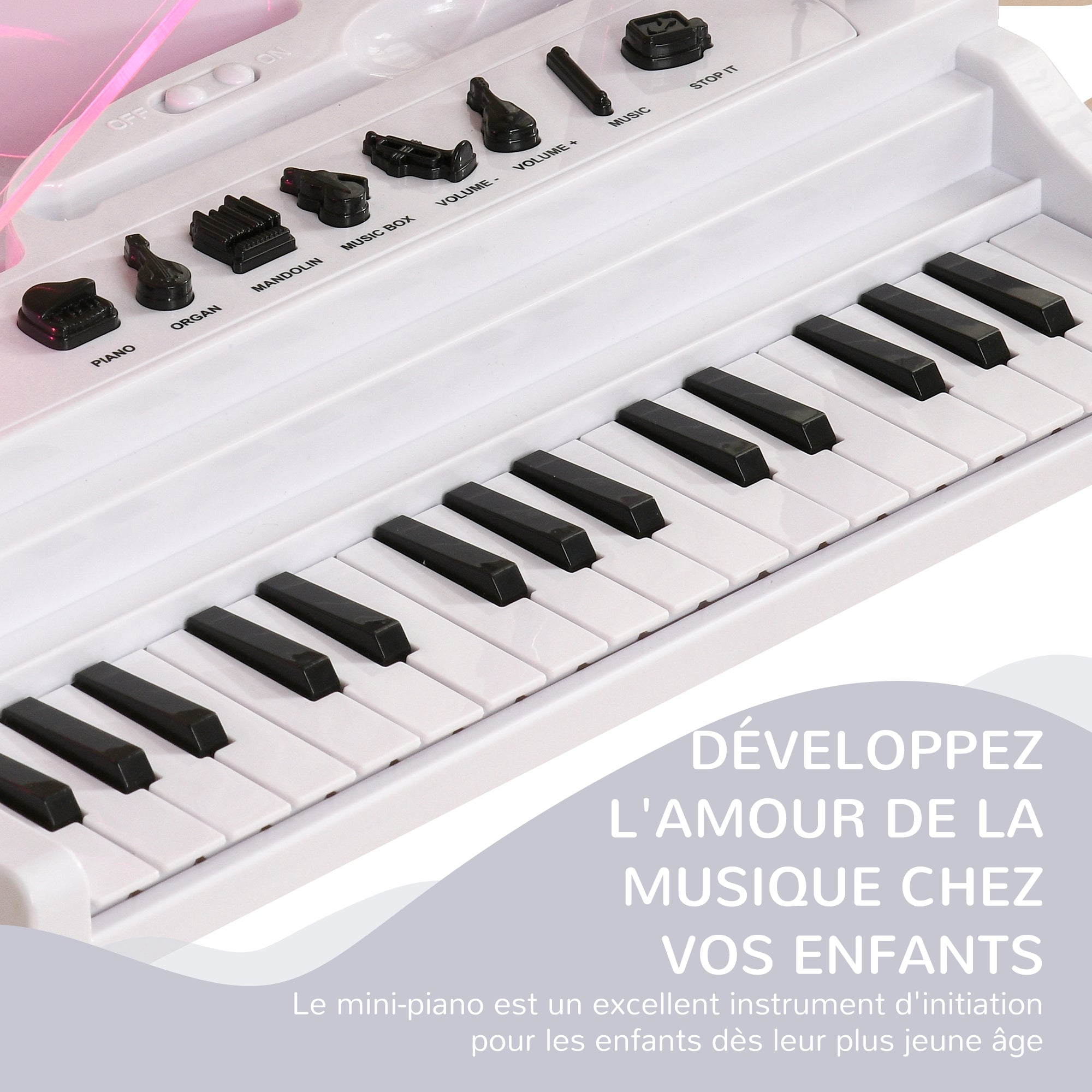 Piano Enfant Électronique 32 Touches avec Tabouret et Couvercle LED - Blanc | Magi Jouets