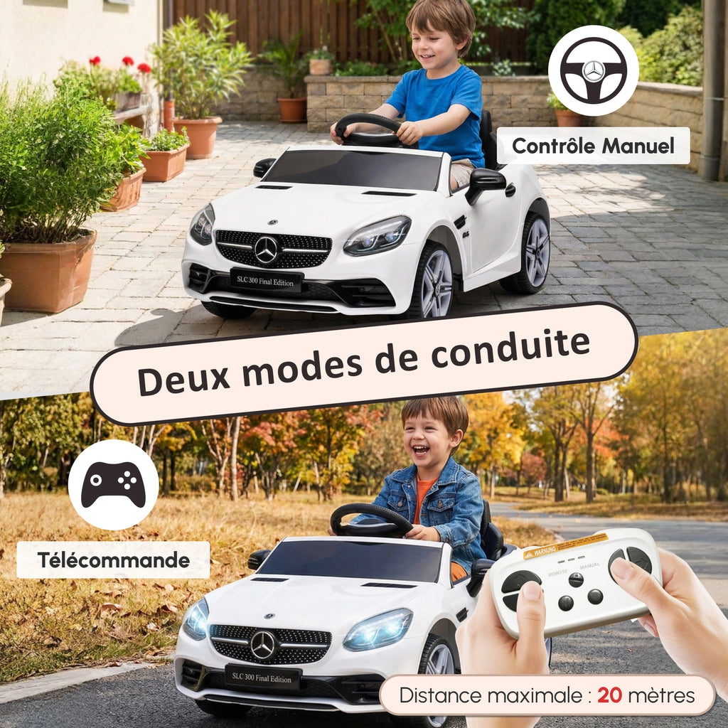 Voiture électrique enfants licence Mercedes SLC 300 12V V. Max. 5 Km/h effets sonores lumineux télécommande blanc