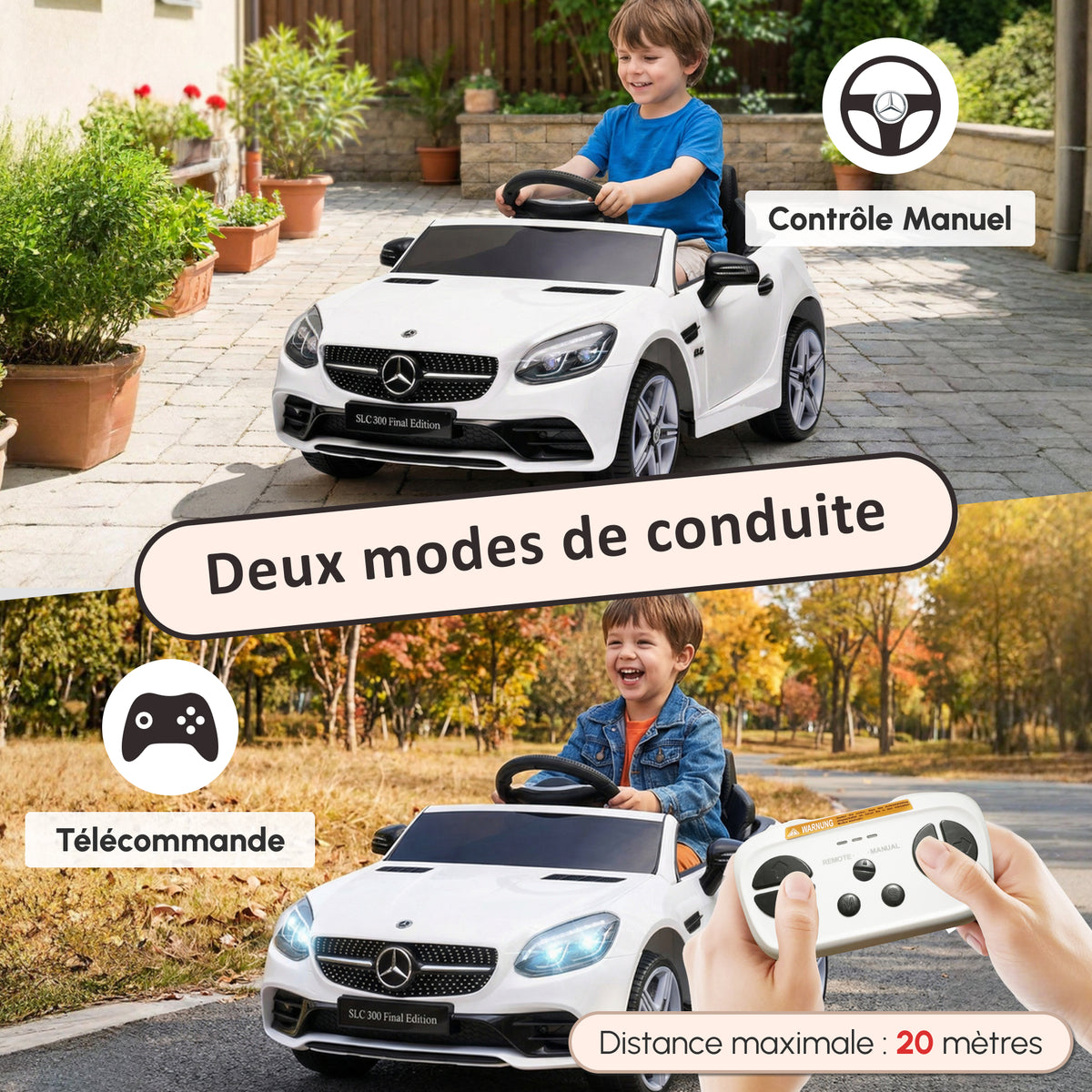 Voiture électrique enfants licence Mercedes SLC 300 12V V. Max. 5 Km/h effets sonores lumineux télécommande blanc