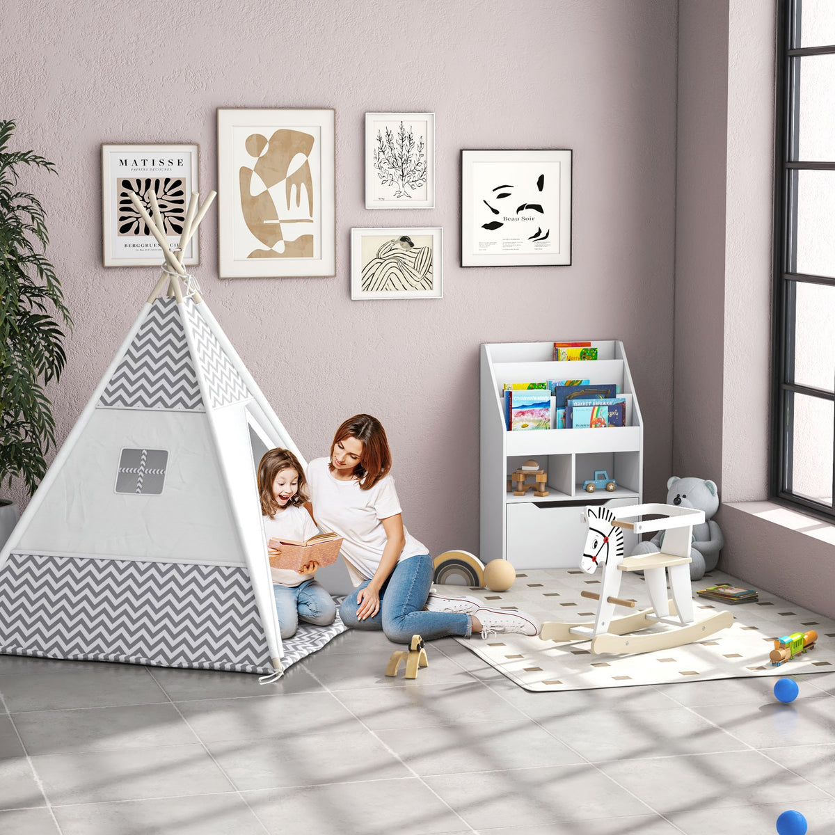 Tente Tipi Indien pour Enfant avec Tapis, Coussin et Sac de Transport, 1,2x1,2x1,55 m - Gris/Blanc | Magi Jouets