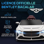 Voiture électrique pour enfant de 3 à 5 ans 2 moteurs 12V 25W 3-5 Km/h télécommande 2,4G Bentley Bacalar blanc