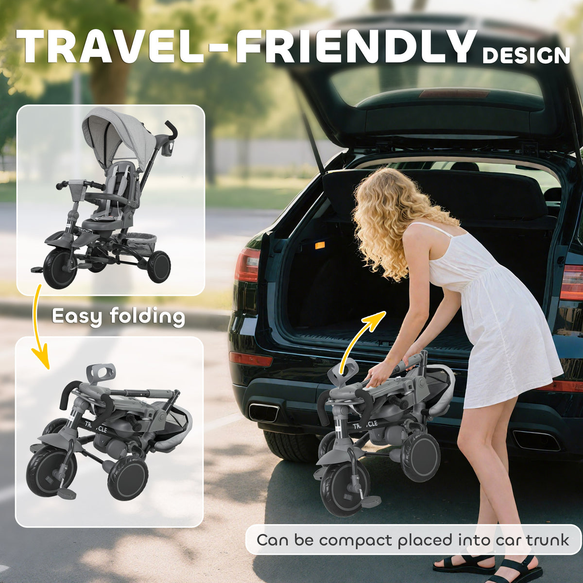 Tricycle Bébé Évolutif 6 en 1 Pliable avec Poignée Parentale et Siège Pivotant 360° - Gris | Magi Jouets
