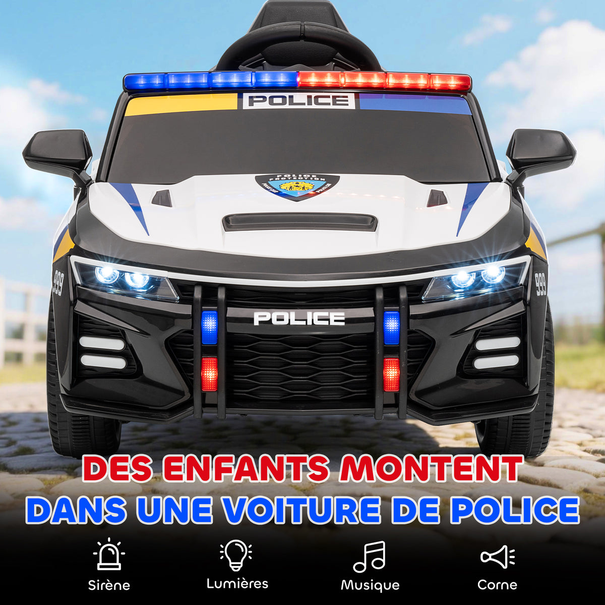 Voiture électrique de police enfant 12V, double moteur, télécommande, USB, MP3, musique & klaxon, multicolore