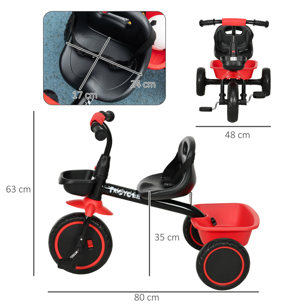 Tricycle Enfant Évolutif avec Siège Réglable, 2 Paniers et Ceinture, 2-5 Ans - Rouge/Noir | Magi Jouets