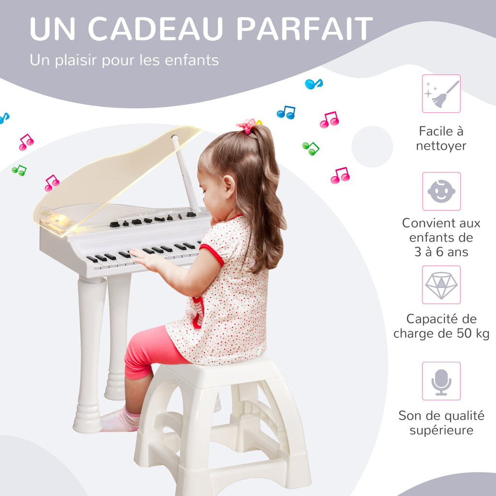 Piano Enfant Électronique 32 Touches avec Tabouret et Couvercle LED - Blanc | Magi Jouets