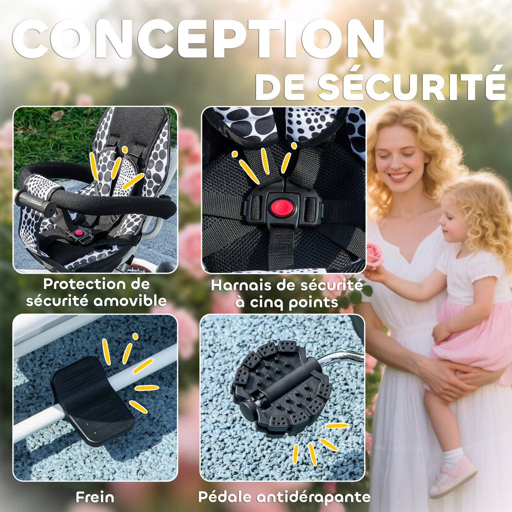 Tricycle Enfant Évolutif Pare-Soleil Pliable avec Canne Amovible et Benne, 105x47x98 cm - Blanc/Noir | Magi Jouets