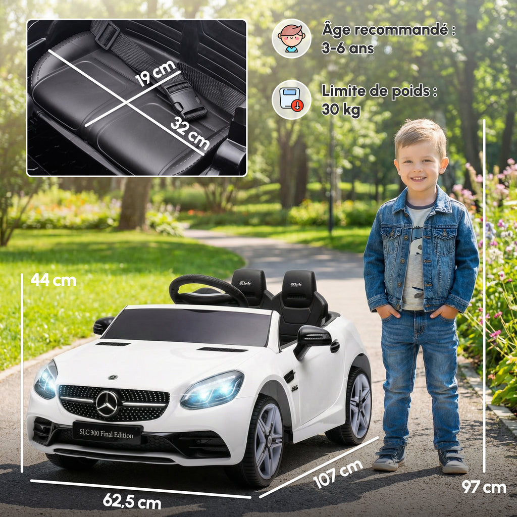 Voiture électrique enfants licence Mercedes SLC 300 12V V. Max. 5 Km/h effets sonores lumineux télécommande blanc