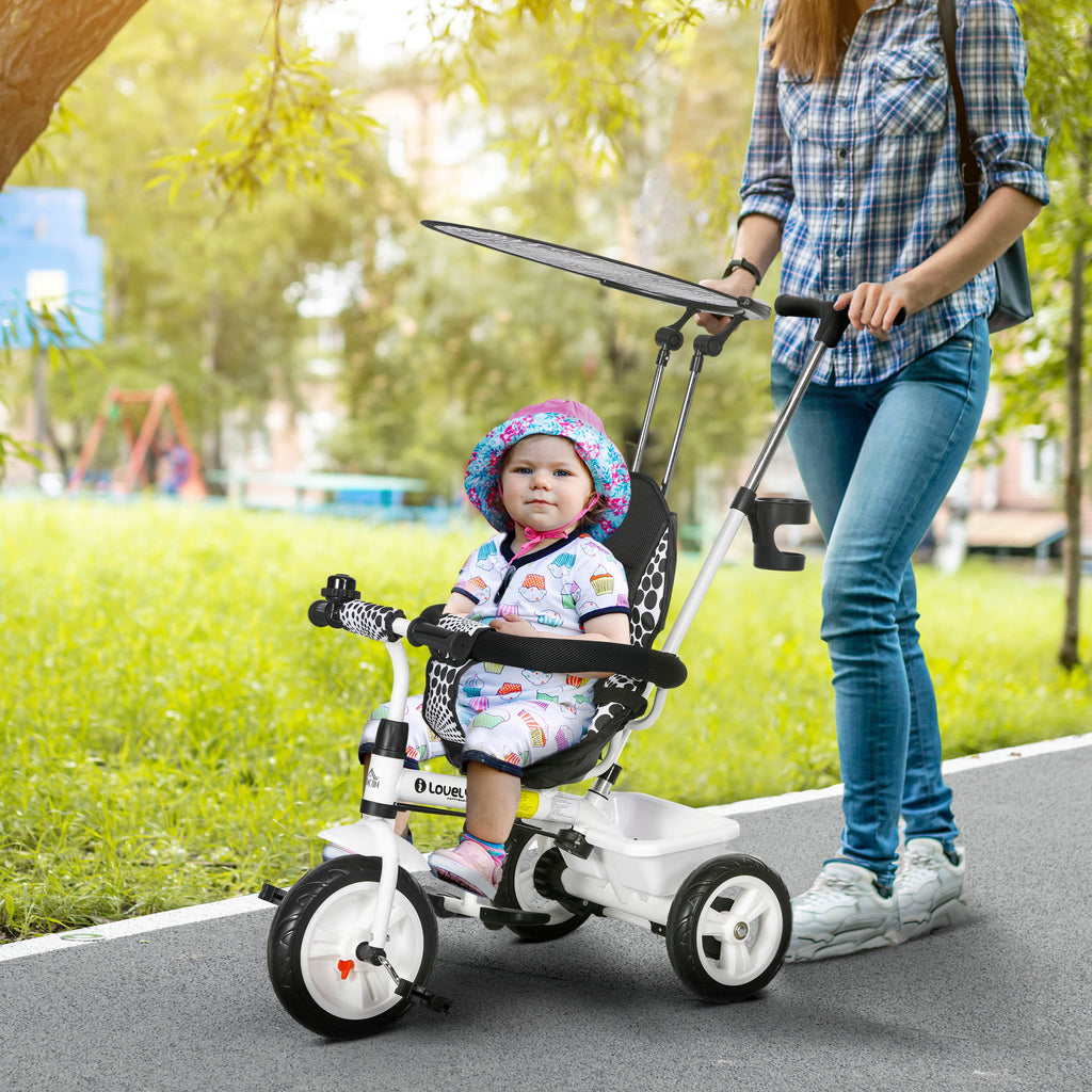 Tricycle Enfant Évolutif Pare-Soleil Pliable avec Canne Amovible et Benne, 105x47x98 cm - Blanc/Noir | Magi Jouets