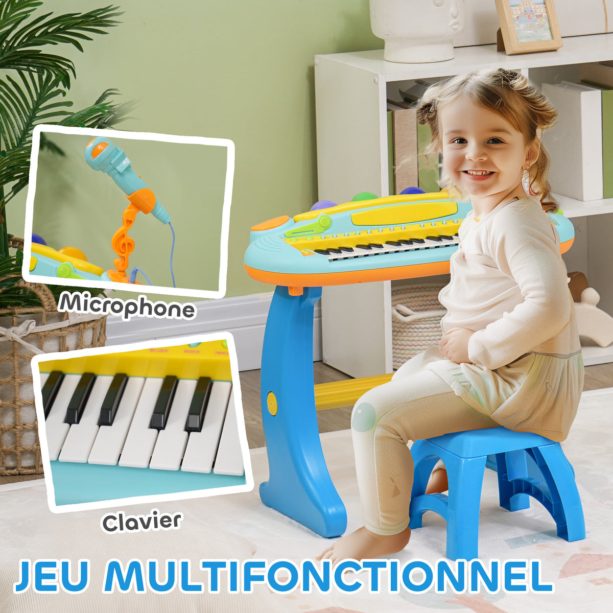 Piano enfant électronique 37 touches, avec micro, tabouret, lumière LED, fonction d'enregistrement et de relecture