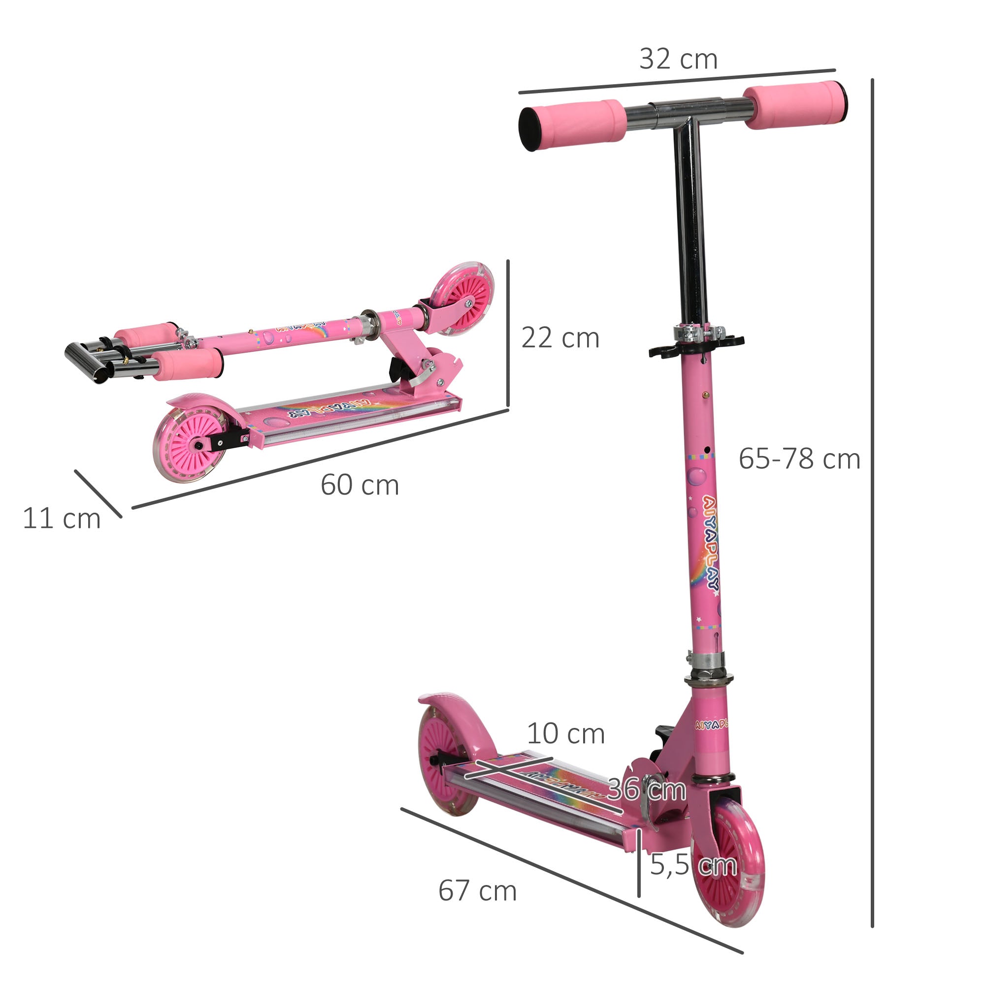 Trottinette pour enfants de 3 à 7 ans pliable roues lumineuses en PU musique 67 x 32 x 78 cm rose