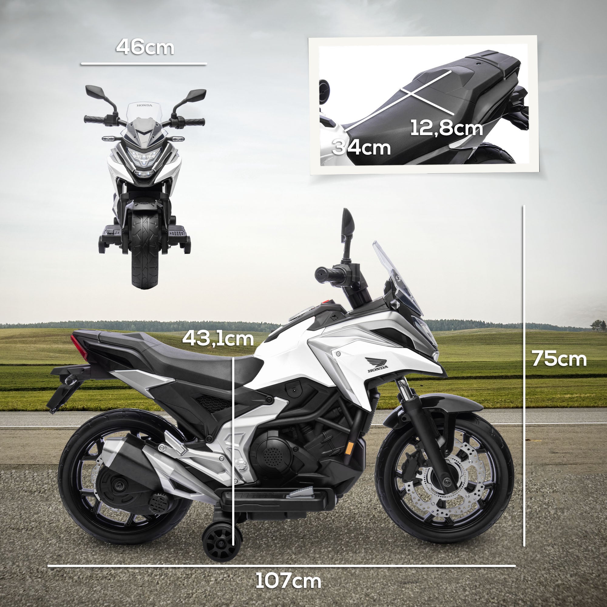 Moto électrique pour enfants moto porteur Honda pour enfants 3 à 6 ans avec musique, phares blanc